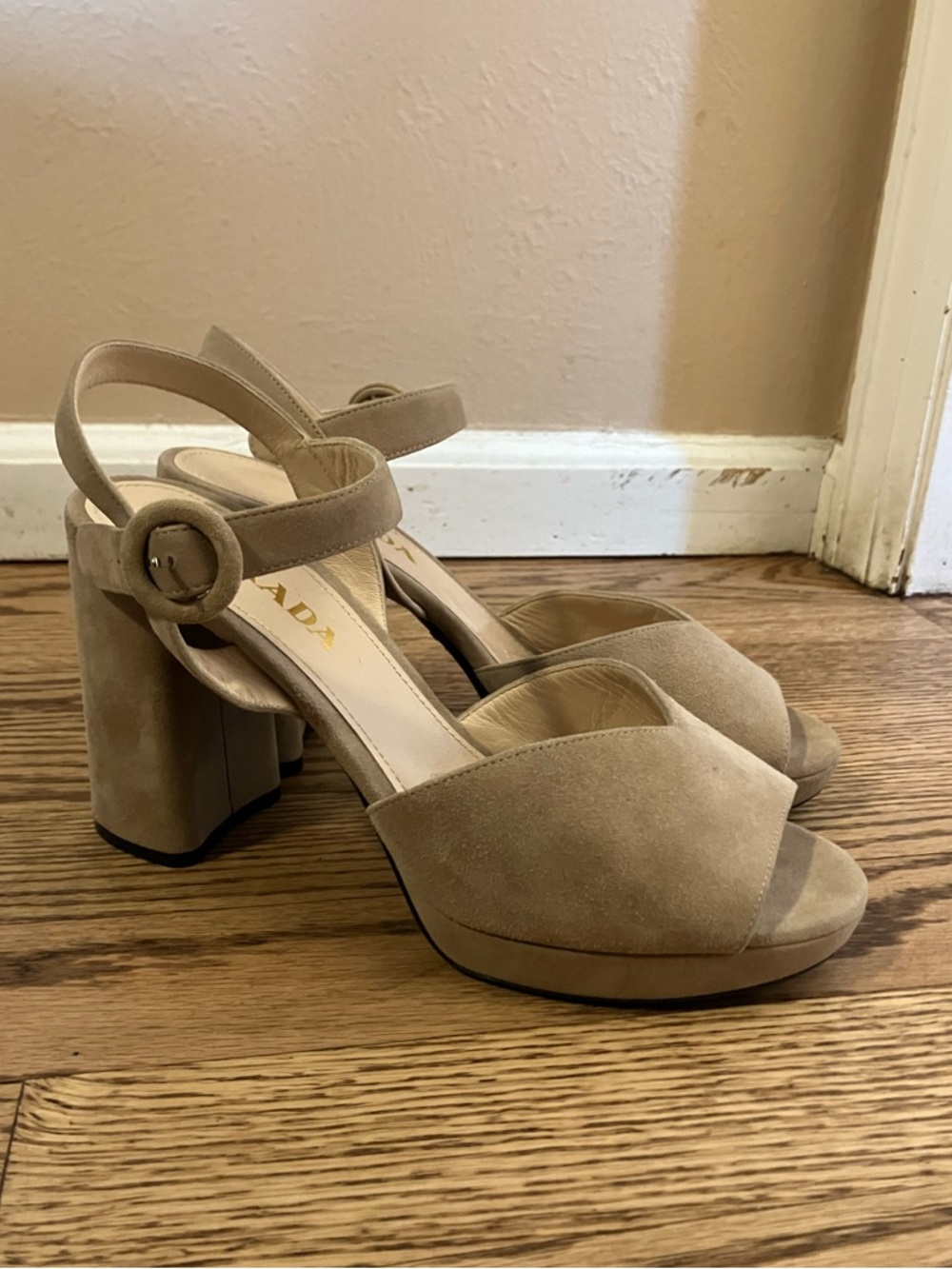 PRADA Nude Suede Two-Band Platform Sandal - Picture 4 of 7